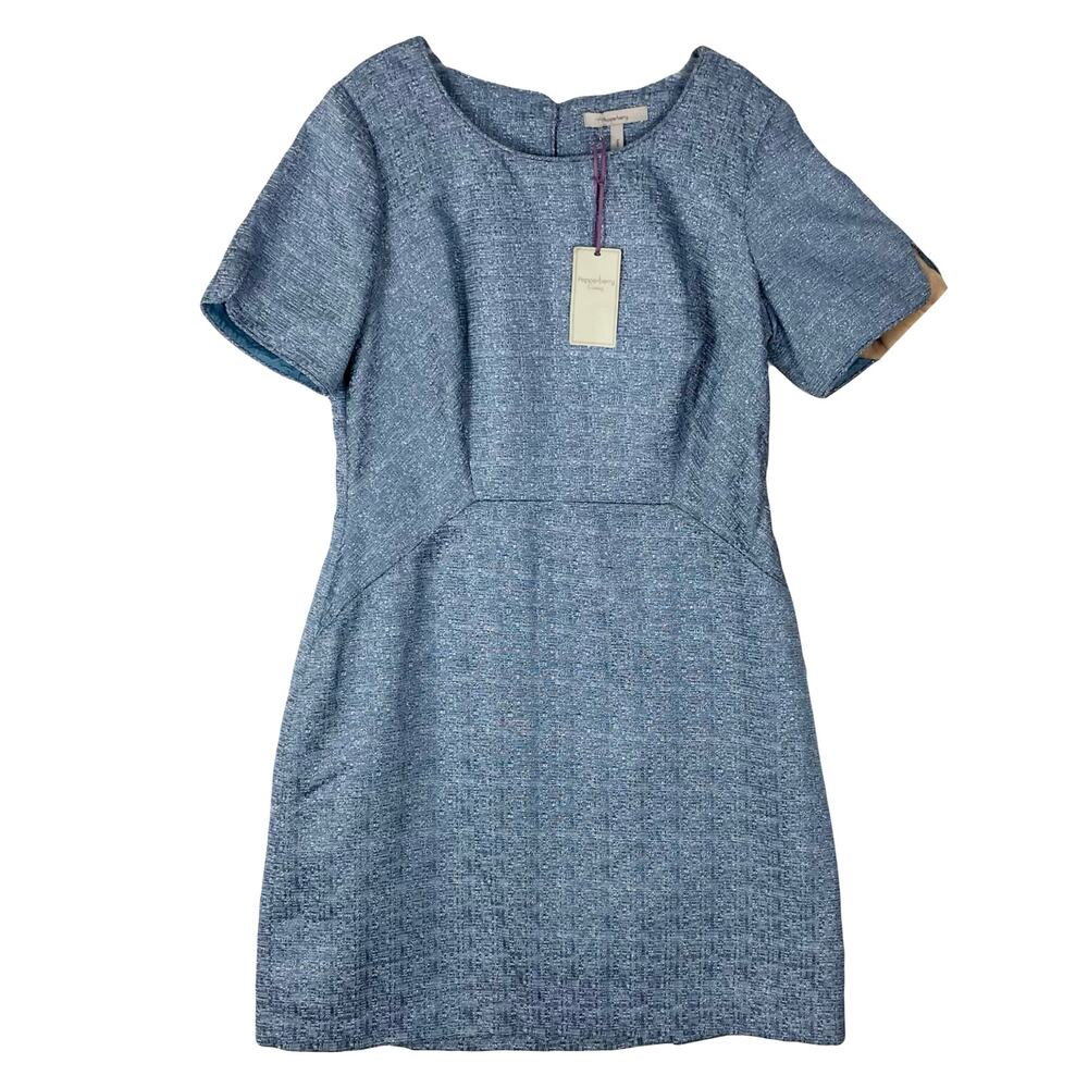 New NWT PEPPERBERRY Dress UK 16/US 12 Blue Metallic Sheath Slit-Cup-Short-Sleeve
